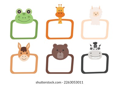 Decorative head animal vector template frames. 6 Frames animal face (frog, giraffe, alpaca, horse, bear and zebra).