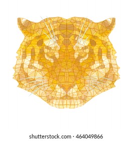 The decorative head of a tiger in shades of yellow color. The muzzle consists of a set of various small elements which are represented on a white square background. 