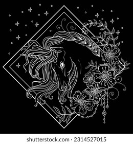Decorative head of unicorn in a floral frame. Magic portrait of horse abstract vector illustration white contour isolated on black background. For coloring, engravings, design, tattoo, t shirt design
