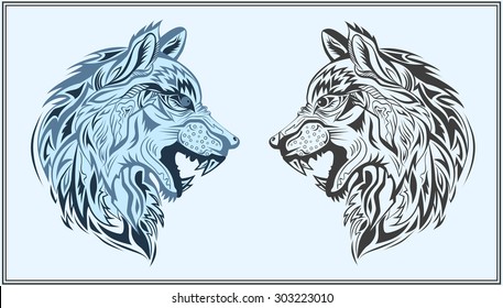 Decorative head of a wolf on a blue background. Isolated decorative animals in a modern style for design bags, posters, tattoos, logos. Vector illustration