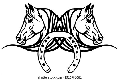decorative heads of Arabian white horses in profile with horseshoe. Logo, icon, emblem, tattoo style vector illustration