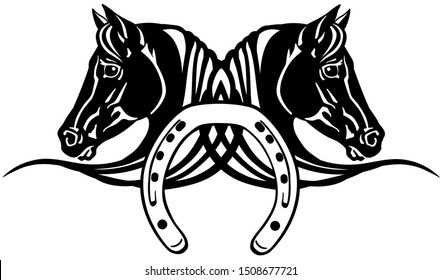 decorative heads of black Arabian horses in profile with horseshoe. Logo, icon, emblem, tattoo style vector illustration
