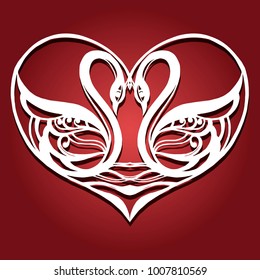 Decorative heart with birds for laser cutting. Vintage swans. vector illustration