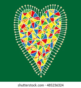 Decorative heart with a bright colorful pattern on a green background. Vector illustration