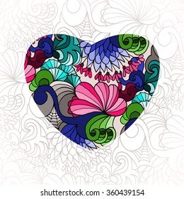 Decorative heart with bright floral pattern. Vector illustration, romantic design for Valentine's day card or other.