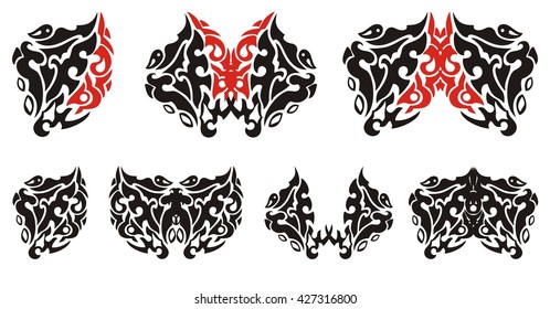 Decorative heart and butterflies from it. Set of the graphic stylized symbols in the form of hearts and butterflies. Black and red on white