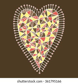 Decorative heart with a colorful pattern on a brown background. Vector illustration