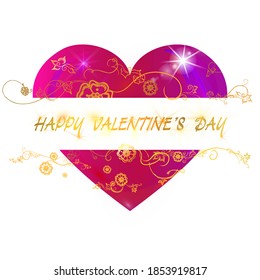 The decorative heart is decorated with gold ornaments. Congratulations on Valentine's Day. Vector illustration