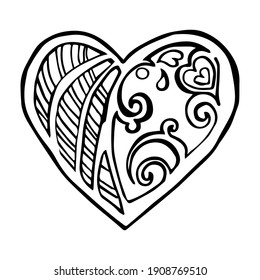 Decorative heart. Decoration. Black and white illustration. Isolated element on a white background. Vector. Eps 10.