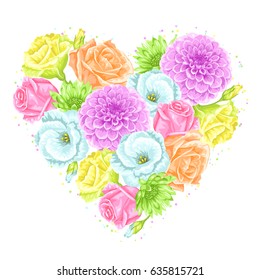 Decorative heart with delicate flowers. Object for decoration wedding invitations, romantic cards.