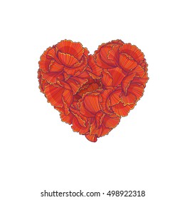 Decorative heart element made of red flowers, isolated on white background