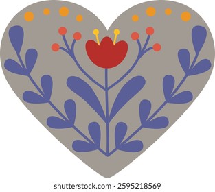 Decorative heart with floral ornament. Cute element in folk style isolated on white	