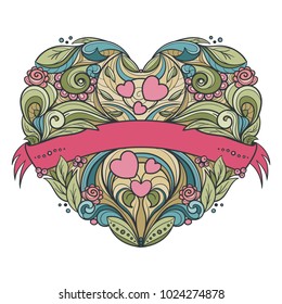 Decorative heart with floral pattern and ribbon. Hand drawn vector graphics illustration. Fully editable vector shapes.