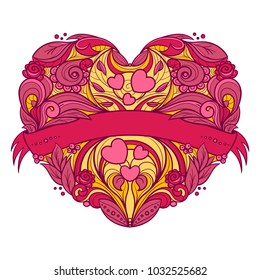Decorative heart with floral pattern and ribbon. Hand drawn vector graphics illustration. Fully editable vector shapes.