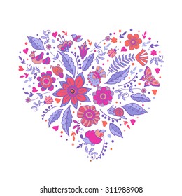 Decorative heart with flowers and funny characters. Vector background. Illustration for greeting cards, invitations, and other printing projects.