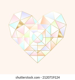 Decorative heart in the form of a colored crystal with a golden outline on a nude background. Vector illustration. Icon.