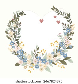 Decorative heart frame with forget-me-nots. Floral wreath, botanical background for greeting cards to use for Mother's Day, wedding, anniversaries, wedding invitations.