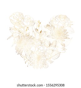 Decorative heart with garden flowers. Exotic golden line plants, leaves and buds.  Floral design  elements in contour style. Valentines day card.