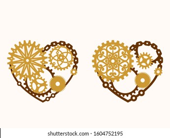 Decorative heart of gears. Mechanism. Steampunk. Vector design elements, template for a stylish holiday greeting card, wedding banner, label, signage, love concept, print for t-shirt, clothing and bag