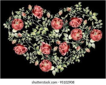 Decorative heart. Hand drawn valentines day greeting card. Illustration rose