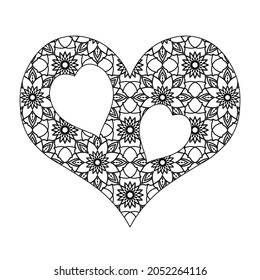 Decorative heart with lace pattern on a white background. Coloring book for children and adults. Isolated element for design