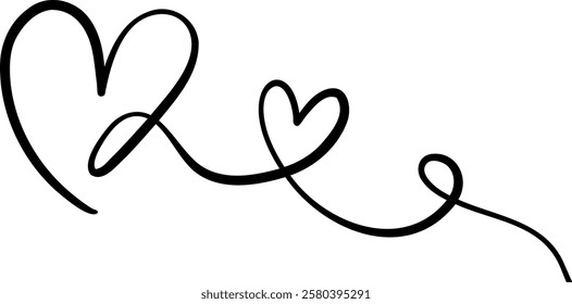 Decorative heart line art vector ink flourish, linear illustration, isolated