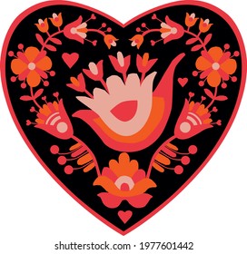 Decorative heart made in folk style. Has a dark base making it very expressive. Great for postcards, design,  prints, wrapping paper, fabric.