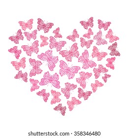 Decorative heart made of pink butterflies with ornamental print on wings. Vector illustration. Design for love and romantic conception. Valentine's day card.