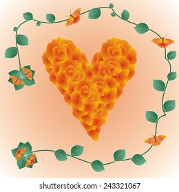 Decorative heart made of roses with leaves and butterflies