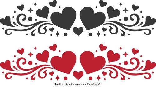 Vector decorativo de adorno de corazón con Elementos florales, destellos y múltiples Formas de corazón en versiones rojas y negras. Elegante diseño de amor simétrico perfecto para tarjetas de San Valentín, invitaciones de boda, Anuncios románticos, citas, pegatinas y decoraciones imprimibles.