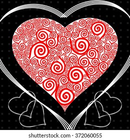 Decorative heart with a pattern of red swirls on a black background. Svyatogo day, Valentine, love, greeting card