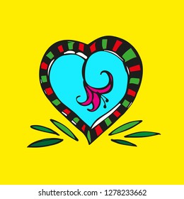 Decorative heart with a red flower inside on a yellow background. Vector illustration