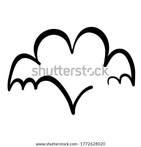 Decorative heart shape with bat wings hand drawn for design element on white, stock vector illustration 