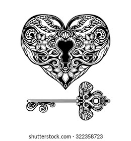 Decorative heart shape key and vintage lock hand drawn isolated vector illustration