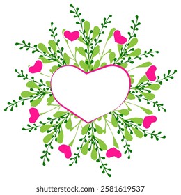 Decorative heart shaped frame with leaves and pink accents for creative designs