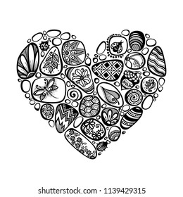 Decorative Heart Symbol from Sea Pebbles with Ornaments. Detailed Pebble-stones Set, Beetles, Flowers, Acorn, Dragonfly. Boho Style Mosaic Pattern, Ethnic Motifs. Vector Contour Illustration