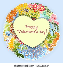 Decorative heart template with floral pattern frame. Vector illustration, vintage style Valentine's day card.