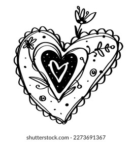 Decorative heart - vector doodle, boho style, greeting card. Black lines on white.