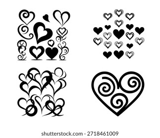 Conjunto de Vector de corazón decorativo remolino blanco y negro, Colección de símbolos de amor floral y romántico