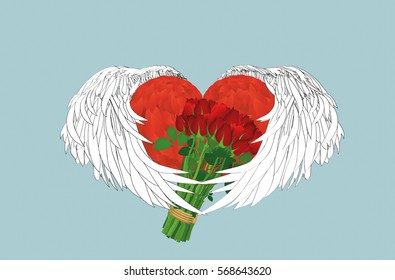 Decorative heart with wings  holding a bouquet of flowers. Gift on Valentine's Day. Greeting card. Empty space for your ad or text. Vector illustration on blue background
