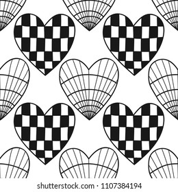 Decorative hearts. Black and white illustration for coloring book or page. Seamless pattern, love background.