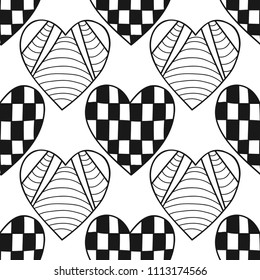 Decorative hearts. Black and white illustration for coloring book or page. Seamless pattern, love background.