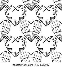 Decorative hearts. Black and white illustration for coloring book or page. Seamless pattern, love background.