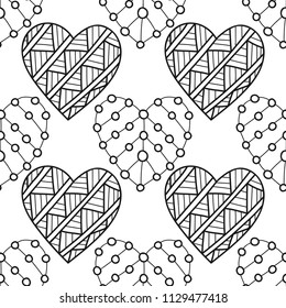 Decorative hearts. Black and white illustration for coloring book or page. Seamless pattern, love background.