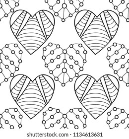 Decorative hearts. Black and white illustration for coloring book or page. Seamless pattern, love background.