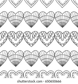 Decorative hearts. Black and white seamless illustration, pattern for coloring book, page
