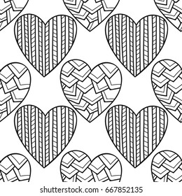 Decorative hearts. Black and white seamless illustration, pattern for coloring book, page