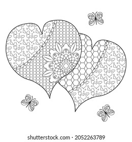 Decorative hearts and butterflies on a white background. Anti-stress coloring book for children and adults.