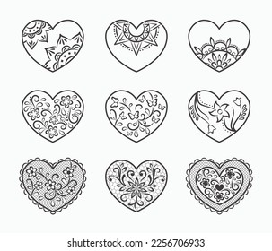 Decorative hearts collection. Mandala, floral, lace pattern. 