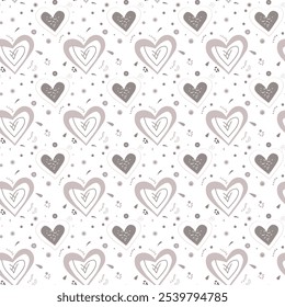 Decorative hearts on a seamless pattern. White background. Monochrome